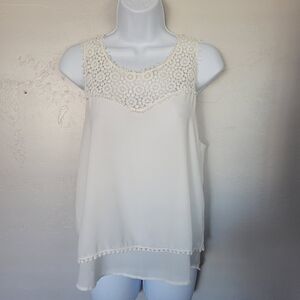 Monteau Medium White Chiffon Tank Top Racerback Lace Neck Back Pom Pom Trim
